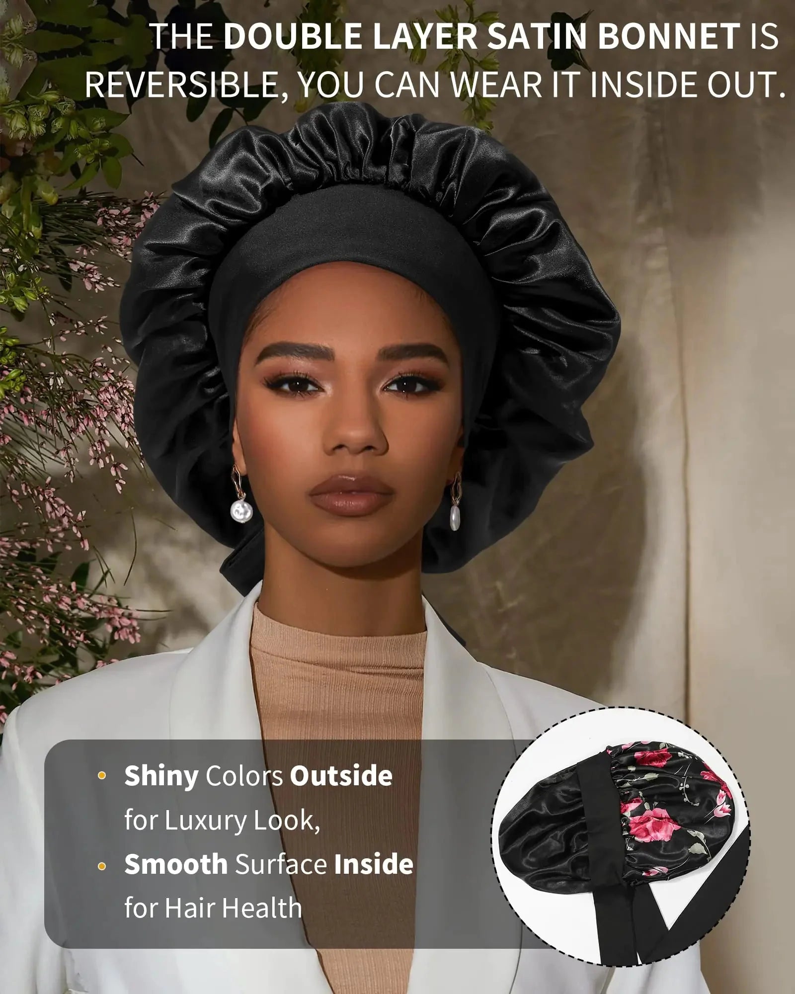 Satin Bonnet for Women Silk Bonnets for Sleeping Curly Hair Bonnet with Tie Band Double Layer Sleep Cap Hair Wrap 7-7 3/8 Black + Red Flower Anti Spier