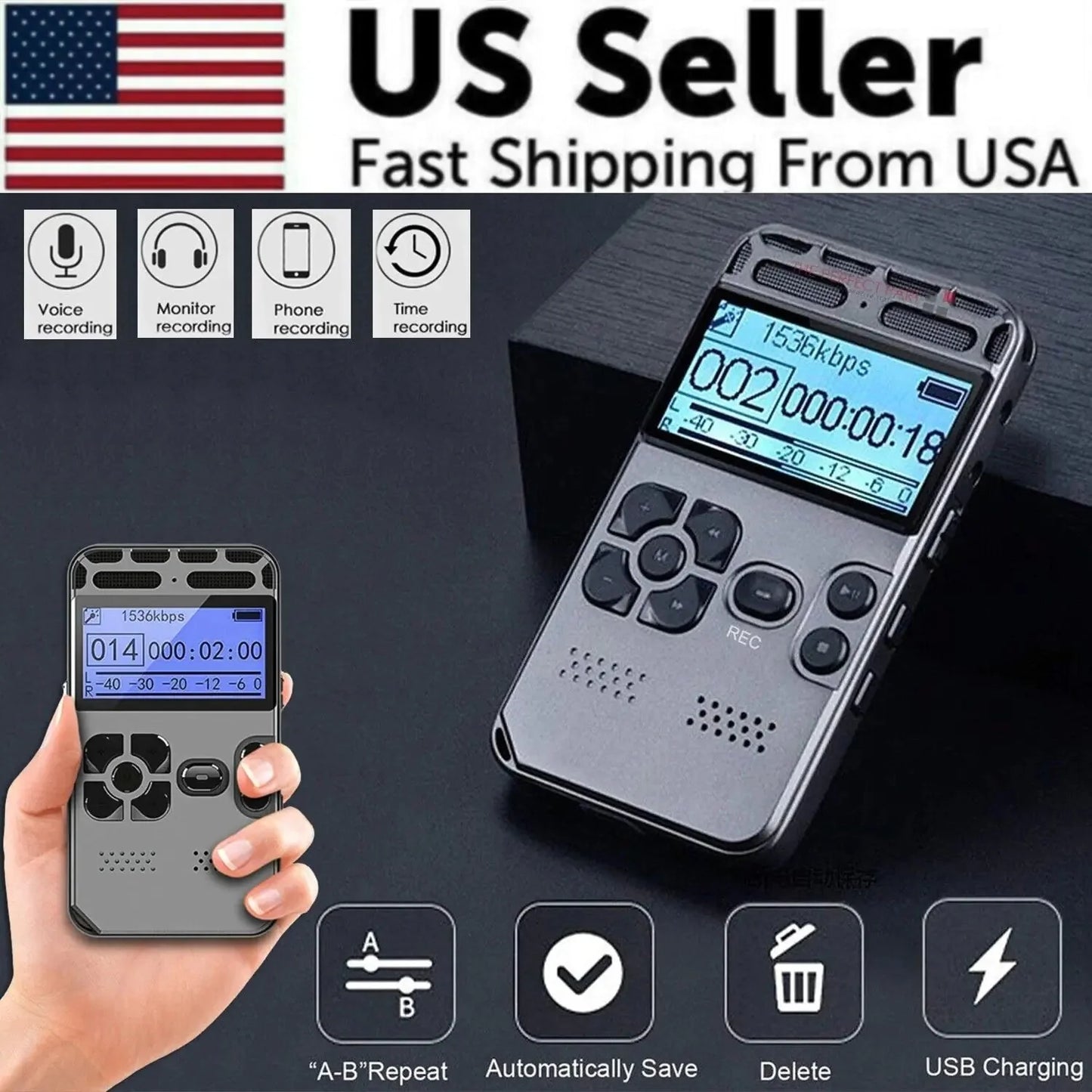 64GB Rechargeable LCD Digital Audio Sound Voice Recorder Dictaphone MP3 Player Anti Spier
