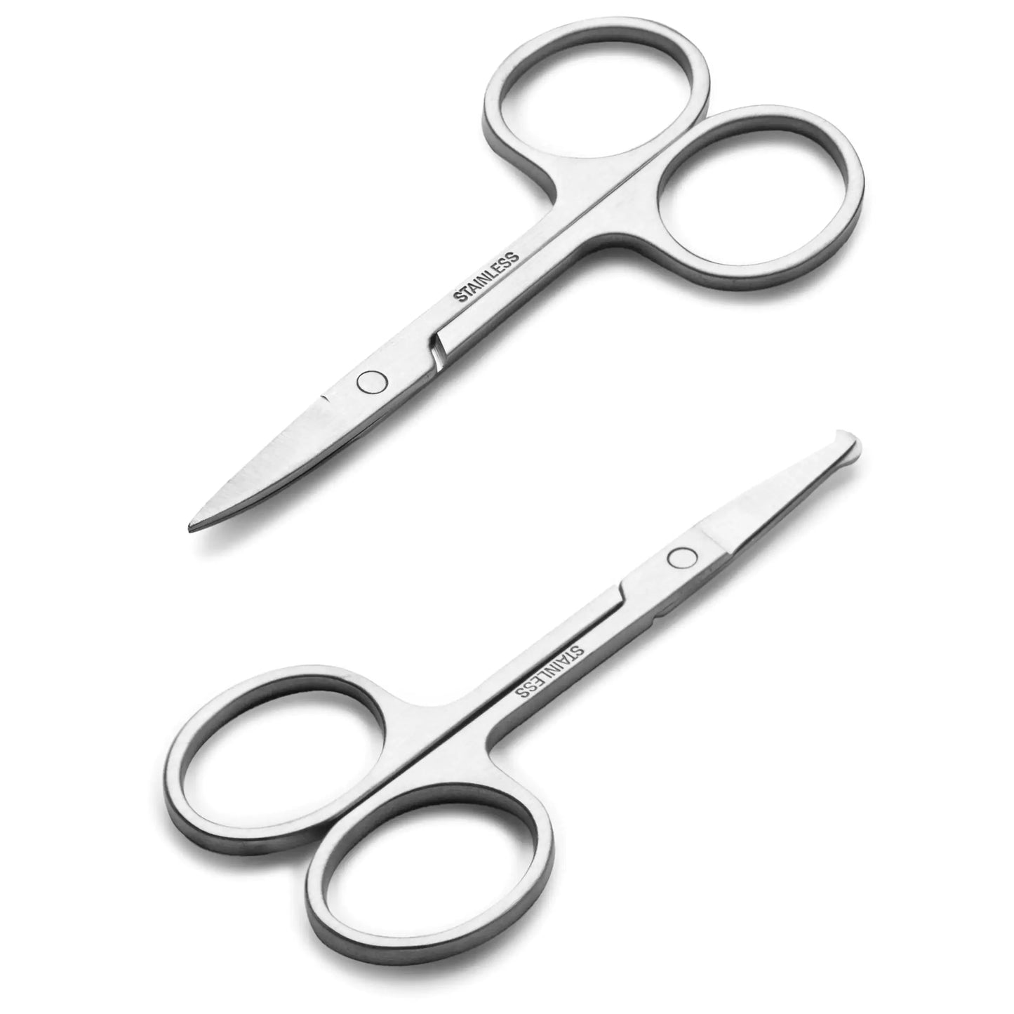 Facial Hair Small Grooming Scissors For Men Women - Eyebrow, Nose Hair, Mustache, Beard, Eyelashes, Ear Trimming Kit - Curved and Rounded Safety Tip Clippers For Hair Cutting - 2PCS Silver Anti Spier