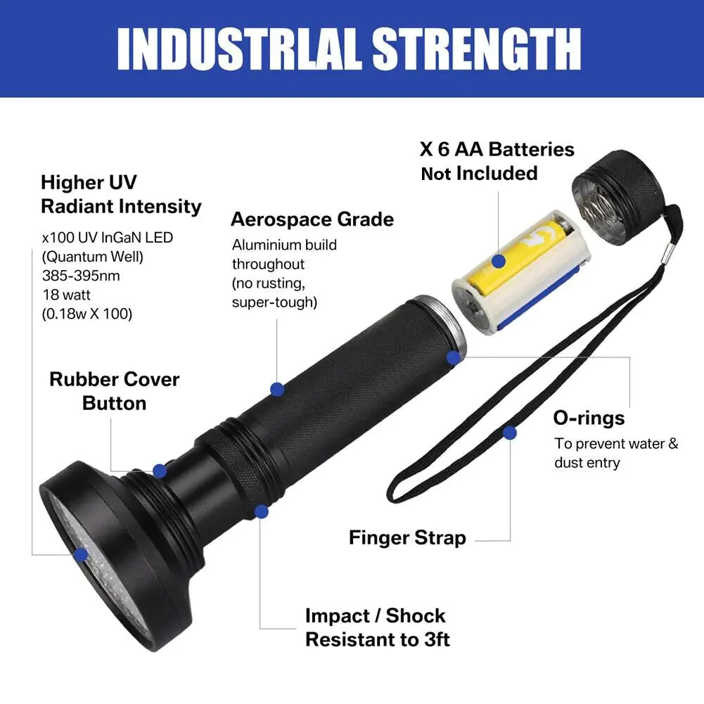 UV Ultraviolet Light 100 LED Flashlight BlackLight 395nM Inspection Lamp Torch Anti Spier