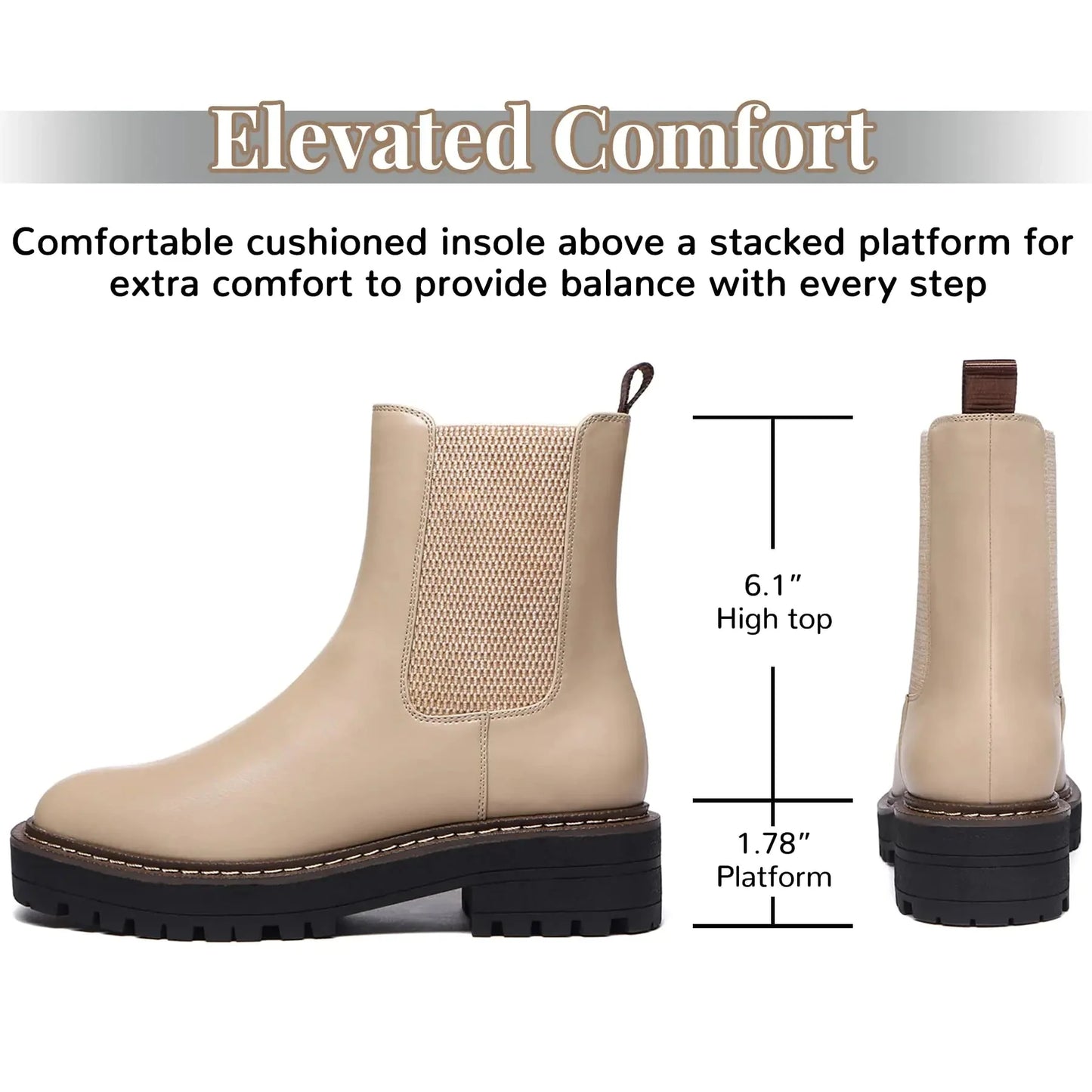 Athlefit Women's Chelsea Ankle Boots Platform Slip On Chunky Heel Lug Sole Leather Booties 9.5 Khaki Anti Spier