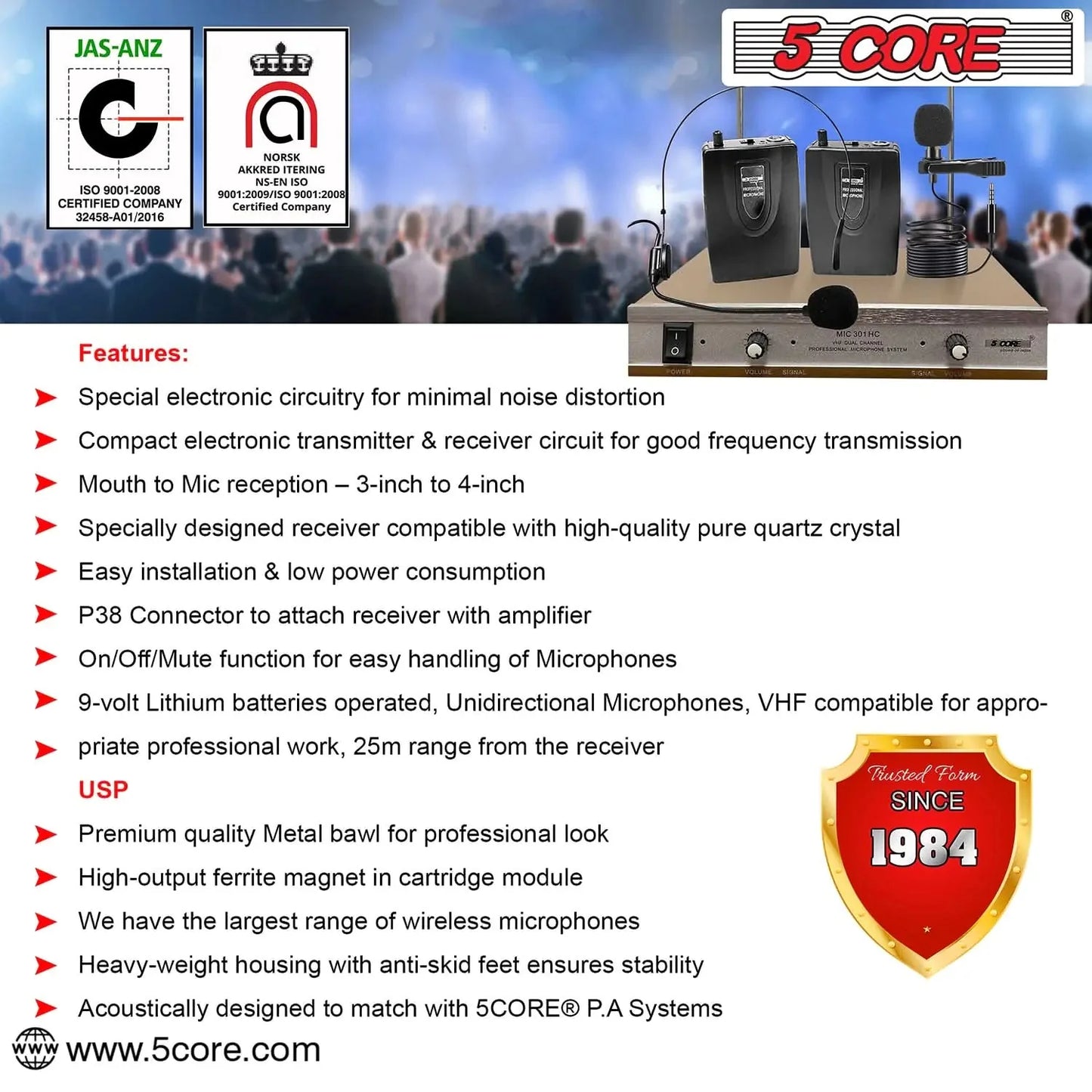 5Core Wireless Microphones w 1 Headset 1 Collar Mic + Receiver Microfono Inalambrico Anti Spier