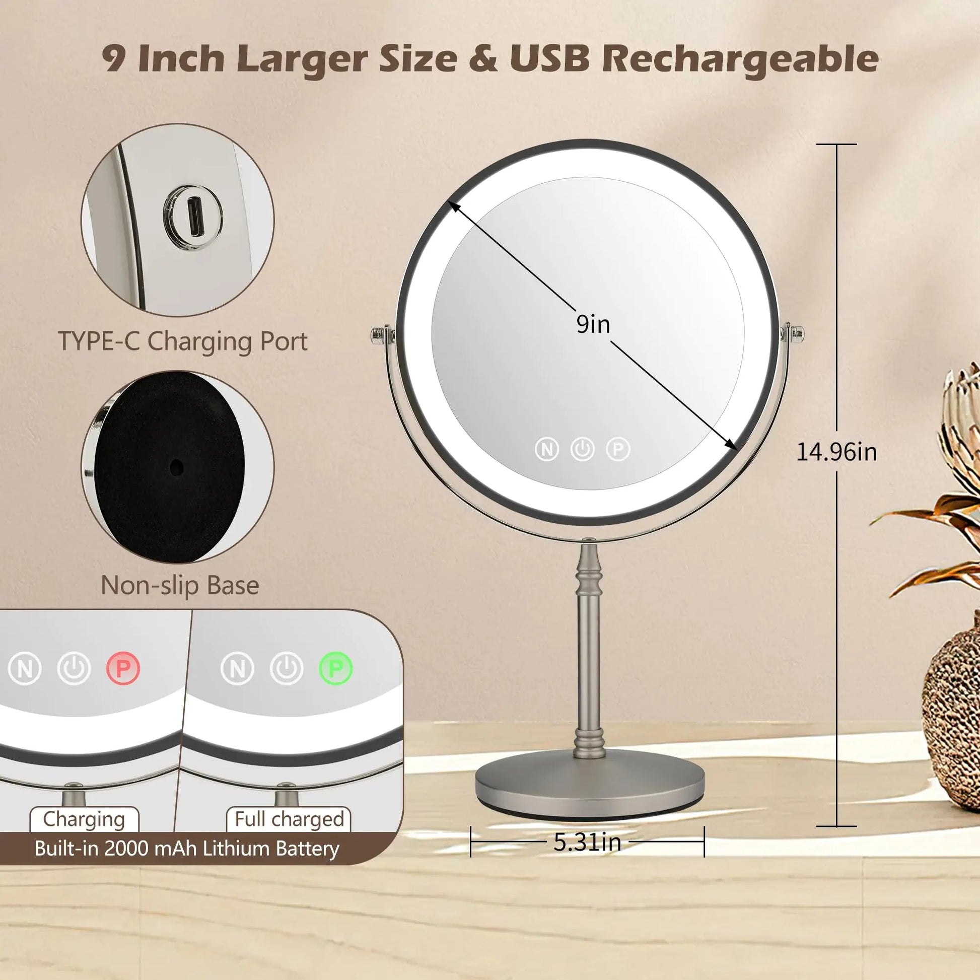 9" Large Makeup Mirror with Lights, 1X/10X Magnifying Vanity Mirror with 3 Colors Dimmable Lightning, 80 LED Lights, 360°Rotation Double Sided Standing Lighted Makeup Mirror Nickel Matte Nickel Anti Spier