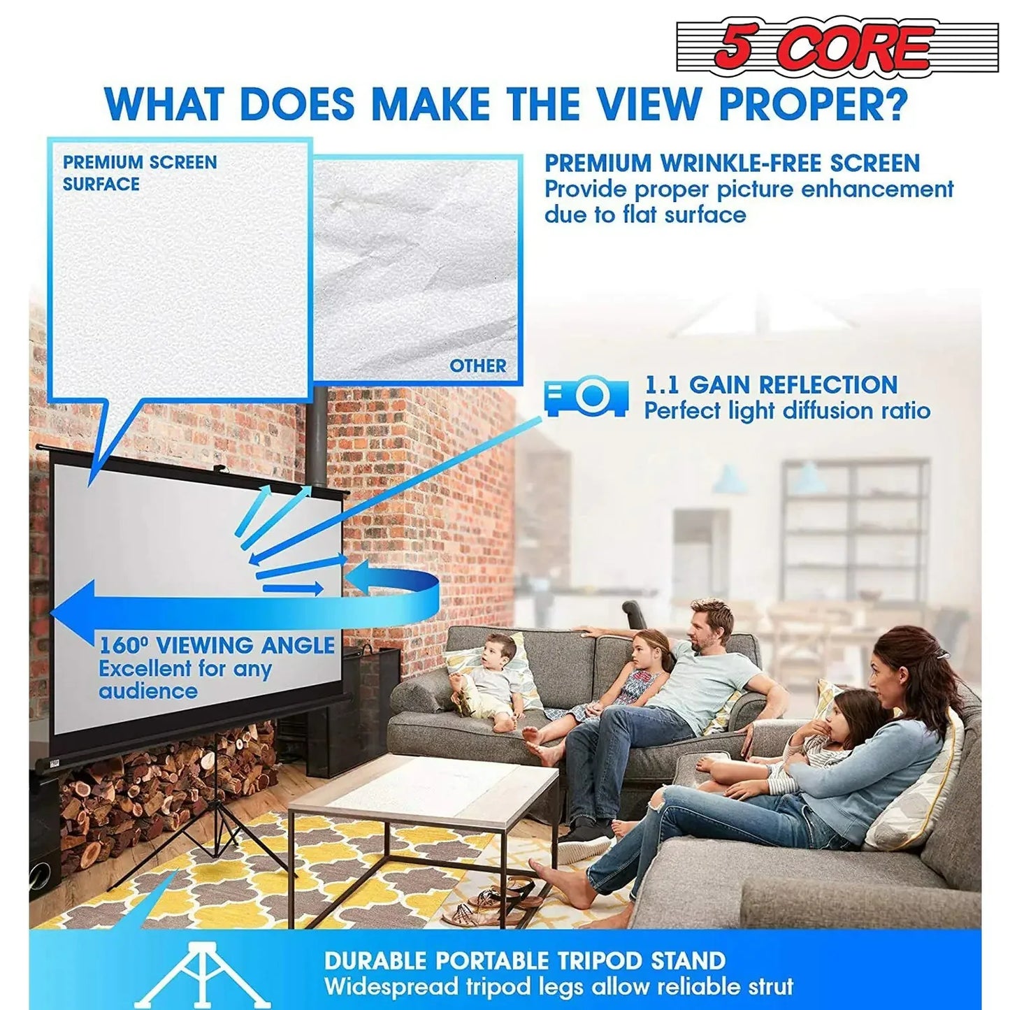 5Core Projector Screen with Tripod Stand  72" 4:3 Ultra HD Anti-Crease Indoor Outdoor Projection Anti Spier