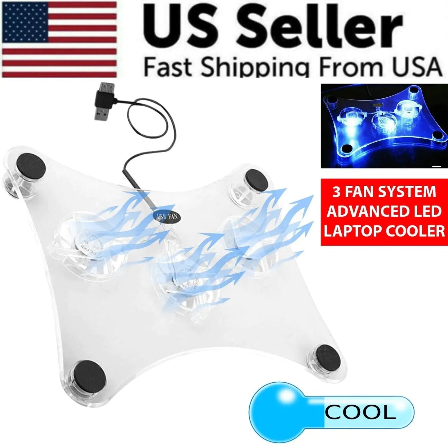 3 Fans USB Cooler Cooling Pad Stand LED Light Radiator For Laptop PC Notebook Anti Spier