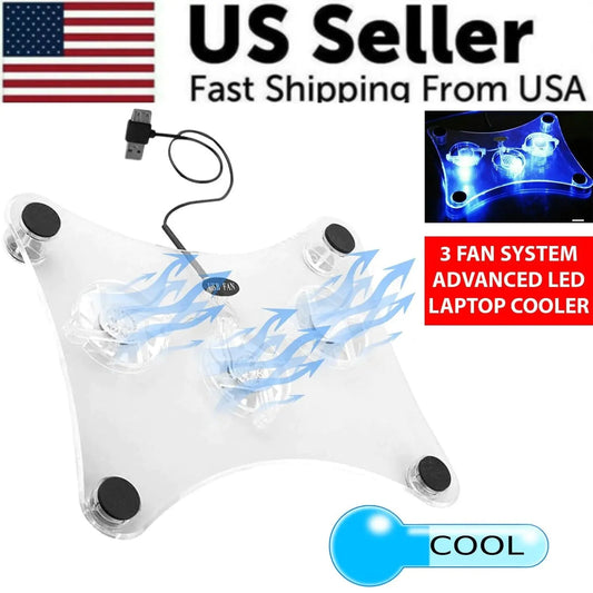 3 Fans USB Cooler Cooling Pad Stand LED Light Radiator For Laptop PC Notebook Anti Spier