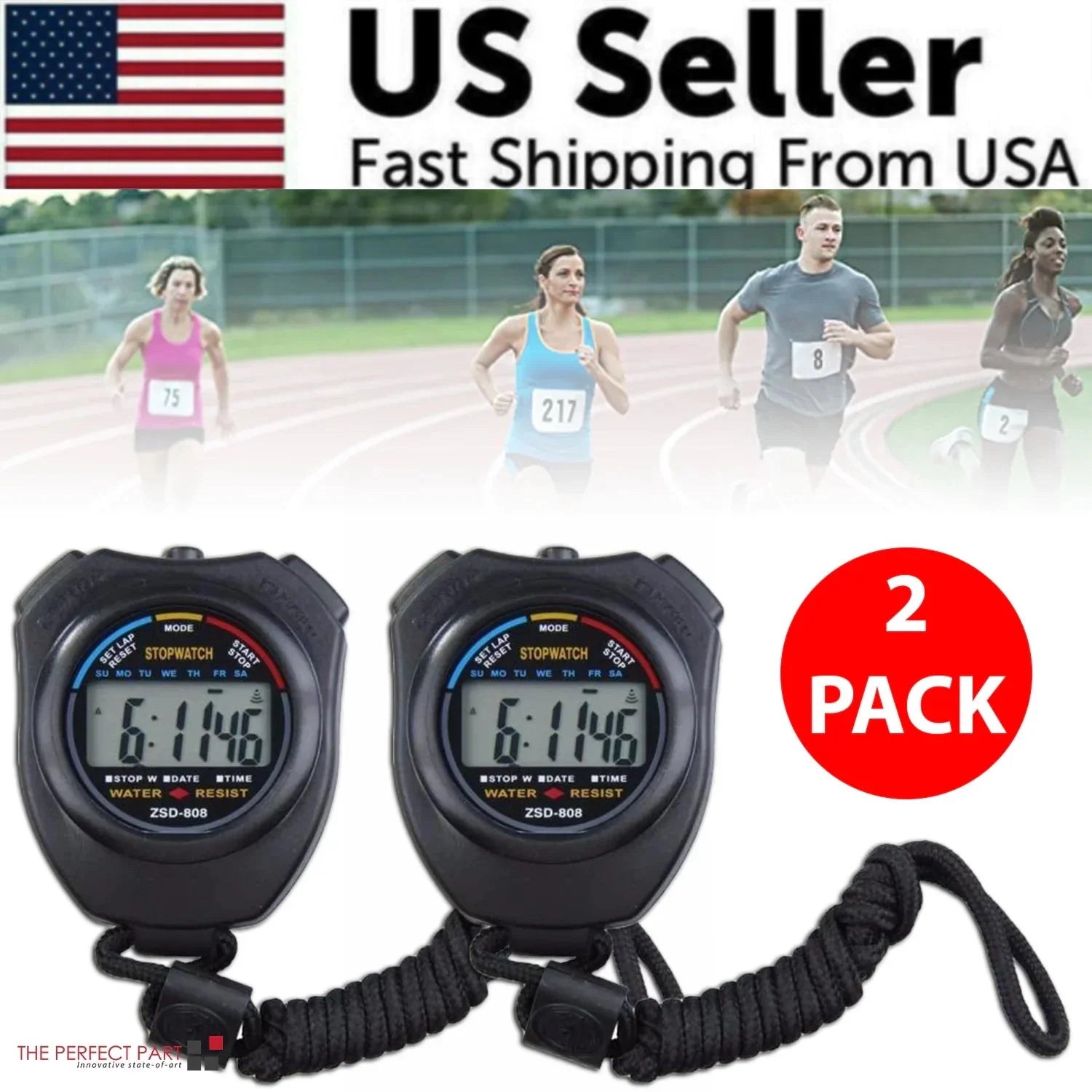 2PCS SET Digital Stopwatch Sports Counter Chronograph Date Timer Odometer Watch Anti Spier