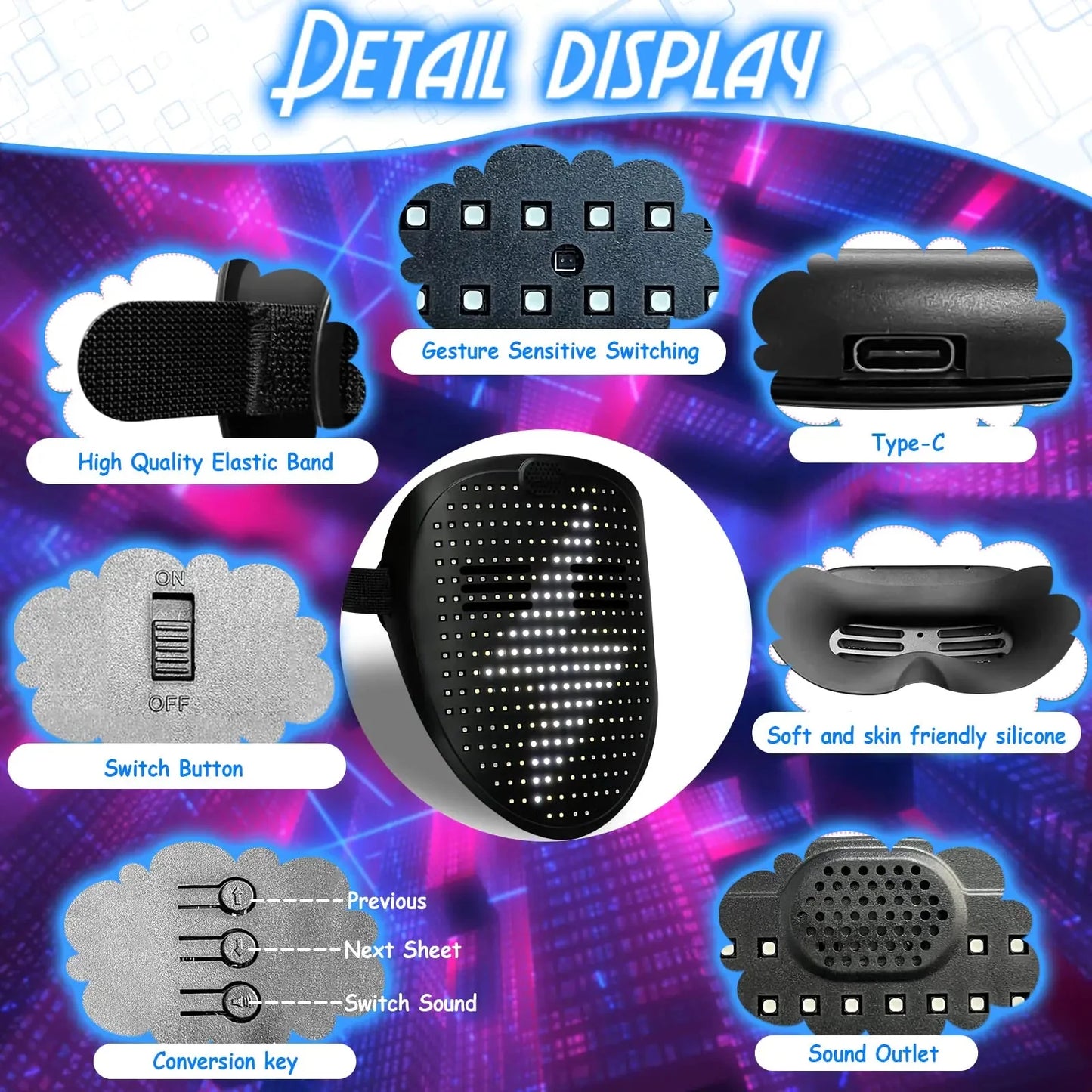 Depointer Life Led Mask with Gesture Sensing,Unisex LED Lighted Face Transforming Mask for Costume Cosplay Party Masquerade Music Mask Rechargeable Anti Spier