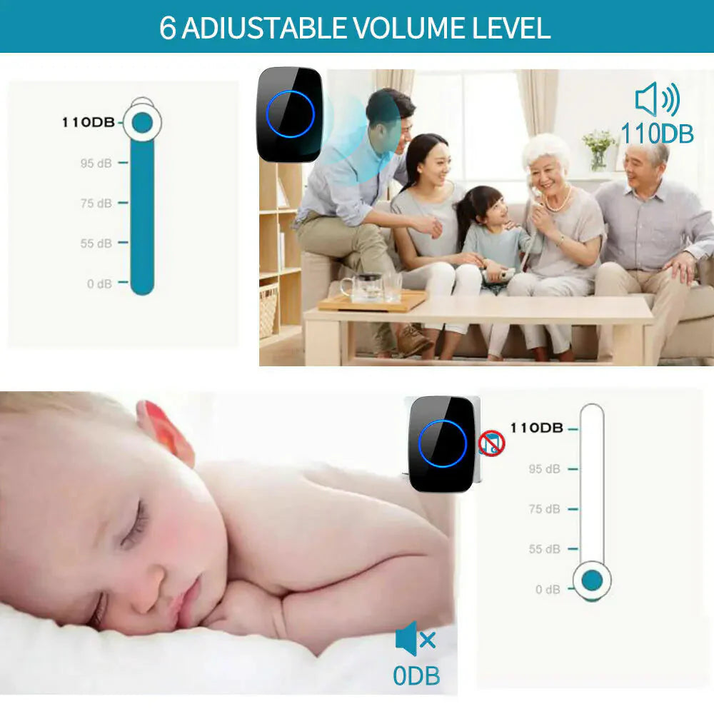 Wireless Doorbell Chime Waterproof Plugin Receiver Adjustable Volume 1000FT Kit Anti Spier