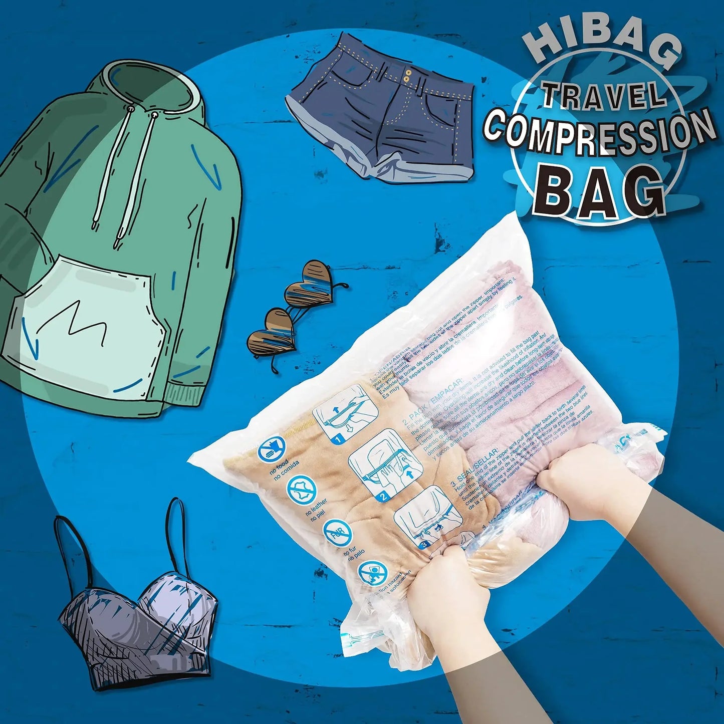 HIBAG 12 Compression Bags for Travel, Travel Essentials Compression Bags, Vacuum Packing Space Saver Zipper Bags for Cruise Travel Accessories (12-Travel) Anti Spier
