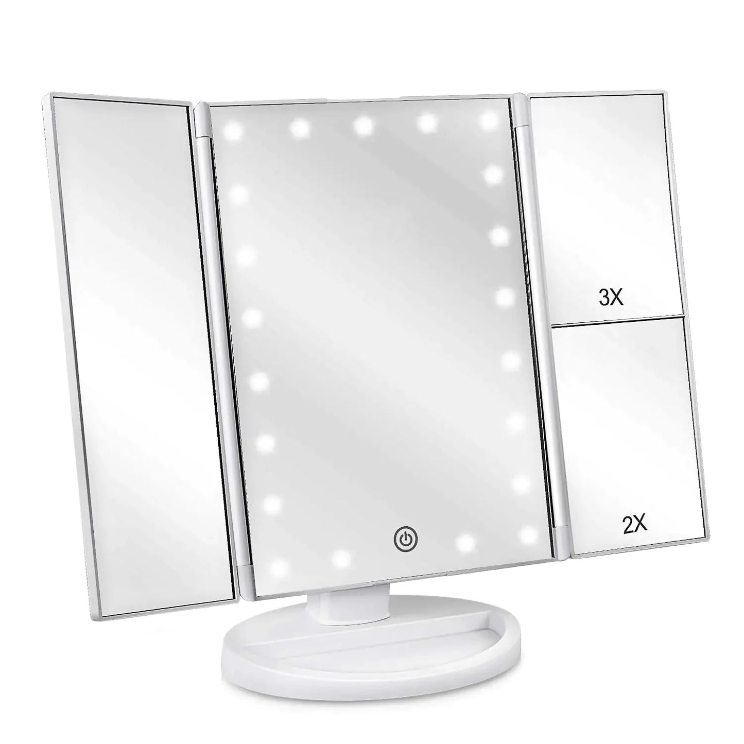 Floor Mount Tri-Fold Lighted Vanity Mirror with 21 LED Lights, Touch Screen and 3X/2X/1X Magnification, Two Power Supply Modes Make Up Mirror,Travel Mirror White Anti Spier