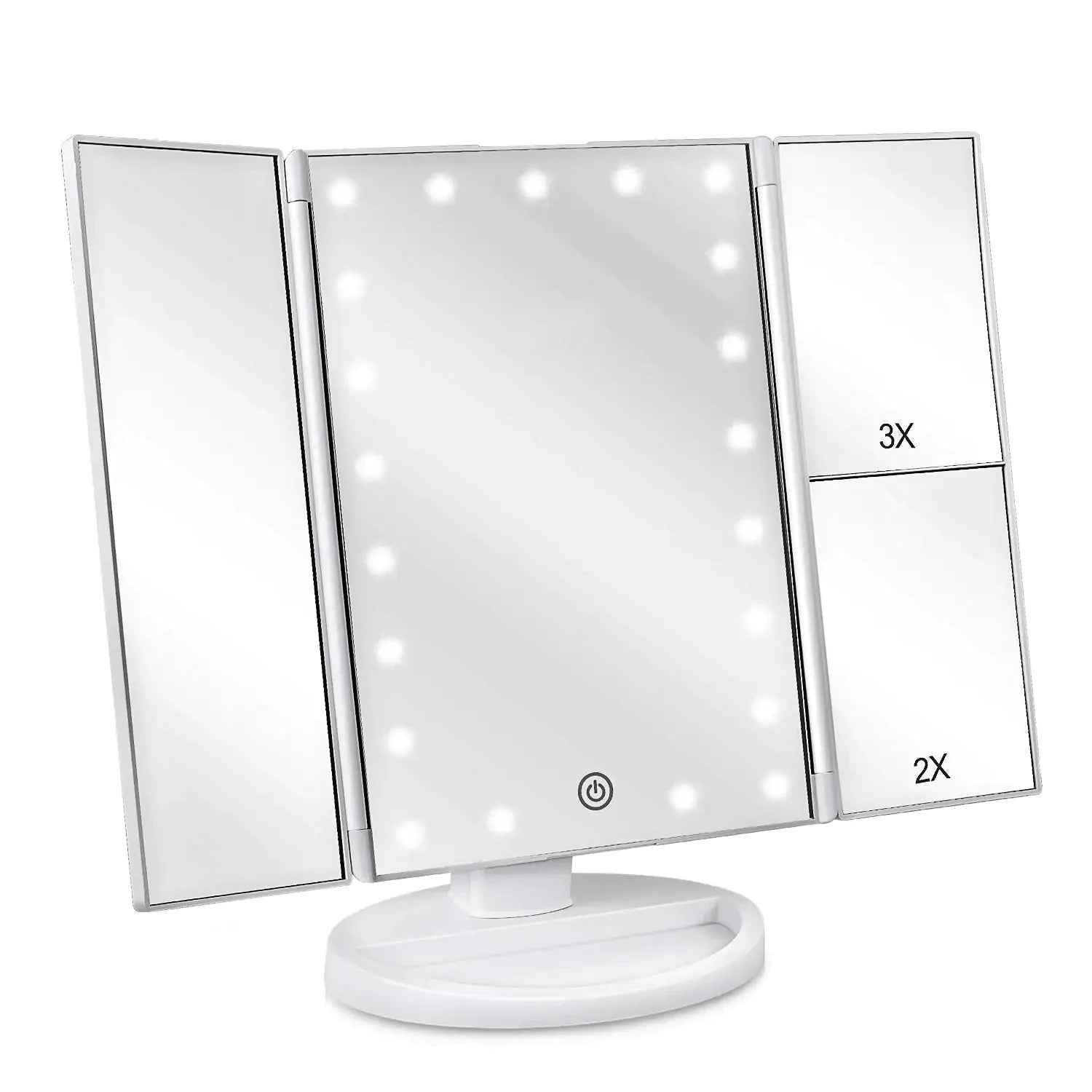 Floor Mount Tri-Fold Lighted Vanity Mirror with 21 LED Lights, Touch Screen and 3X/2X/1X Magnification, Two Power Supply Modes Make Up Mirror,Travel Mirror White Anti Spier