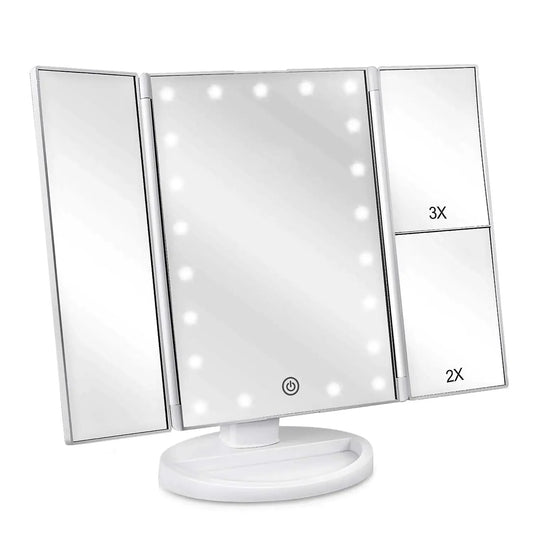 Floor Mount Tri-Fold Lighted Vanity Mirror with 21 LED Lights, Touch Screen and 3X/2X/1X Magnification, Two Power Supply Modes Make Up Mirror,Travel Mirror White Anti Spier