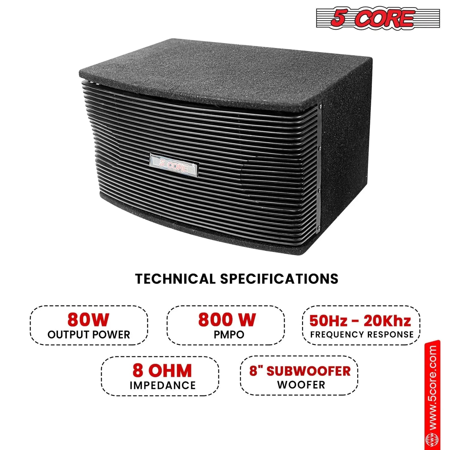 5Core Box Subwoofer for Car 1Pc Black 800W Peak Power 8 Inch Vented Trunk Speaker Woofer 8 Ohm Anti Spier