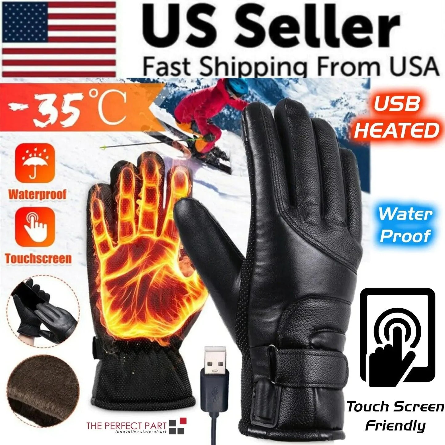Electric USB Heated Gloves Winter Warming Thermal Ski Snow Hand Warm Windproof Anti Spier