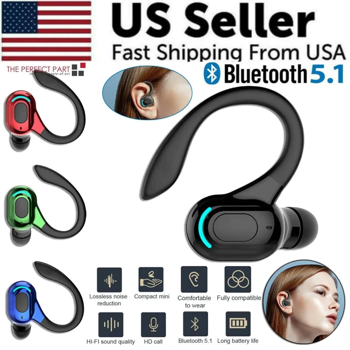 New Bluetooth 5.1 Headset Wireless Earbuds Earphones Stereo Headphones Ear Hook Anti Spier