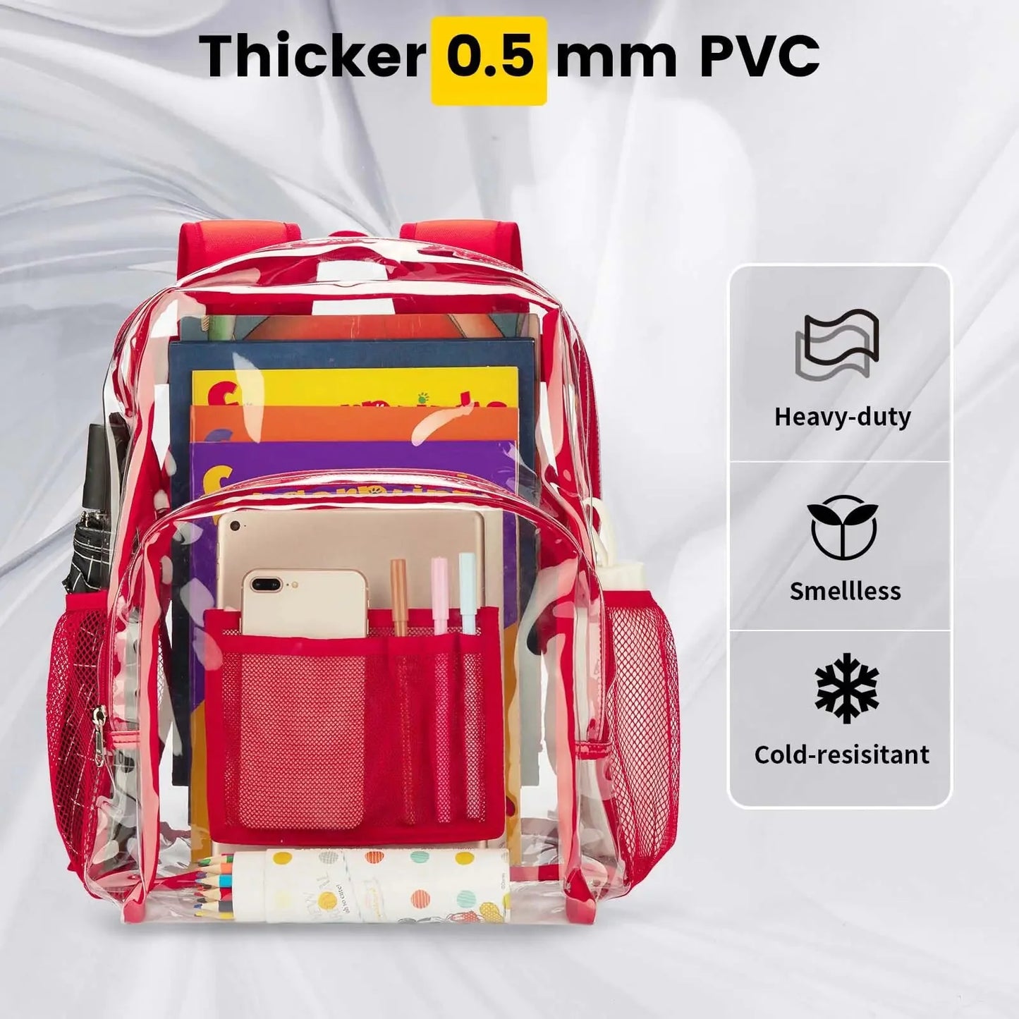 Vorspack Clear Backpack Heavy Duty - PVC Transparent Backpack Large Clear Book Bag for College Work Red Anti Spier