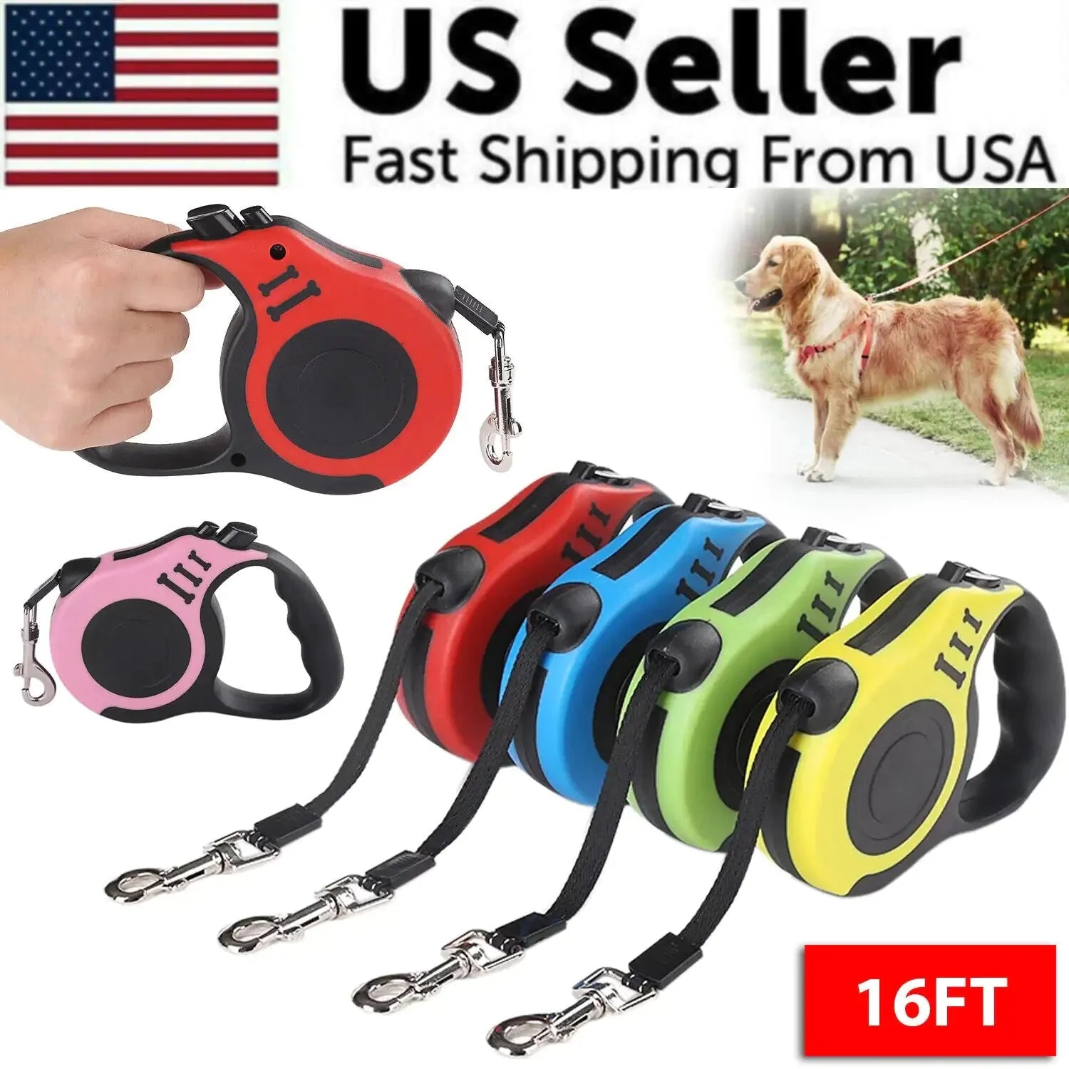 16.5FT Automatic Retractable Dog Leash Pet Collar Automatic Walking Lead Free US Anti Spier
