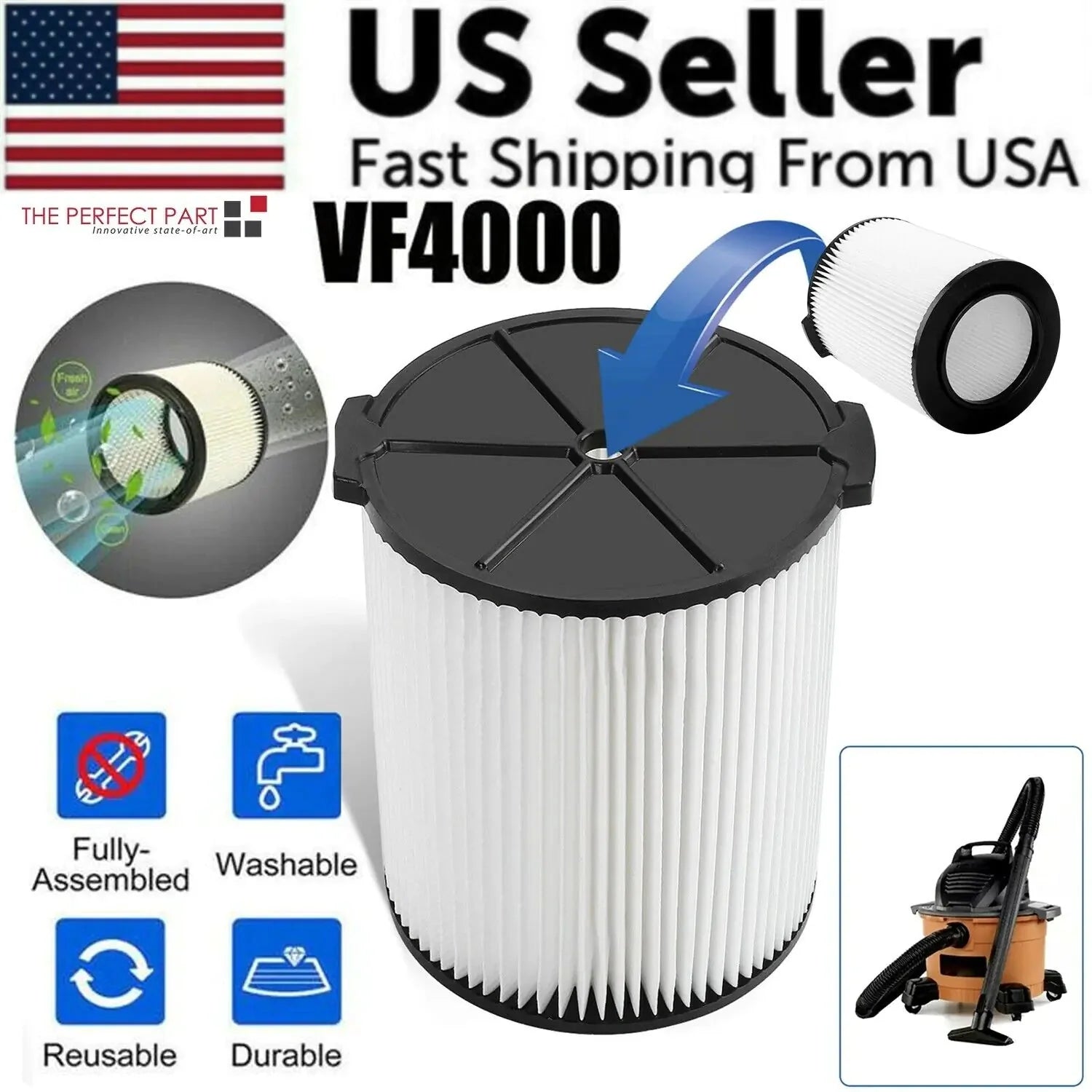 VF4000 Replacement RIDGID Wet/Dry Washable Vacuum Garage Shop Vac Pleated Filter Anti Spier