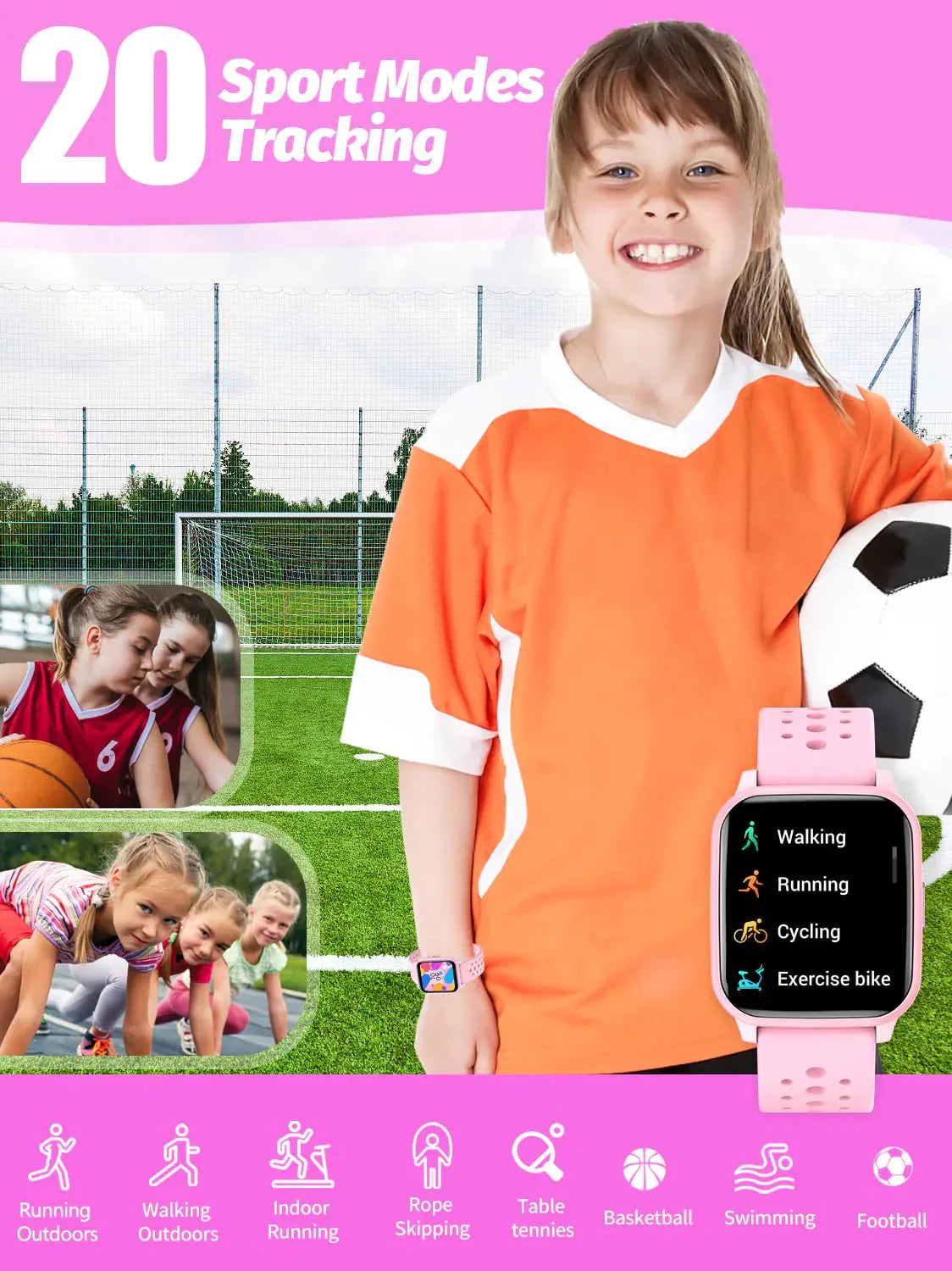 Kids Smart Watch Girls Boys, Smart Watch for Kids Game Smart Watch Gifts for 4-16 Years Old with Sleep Mode 20 Sports Modes 5 Games Pedometer Birthday Gift for Boys Girls (Pink) Pink Anti Spier