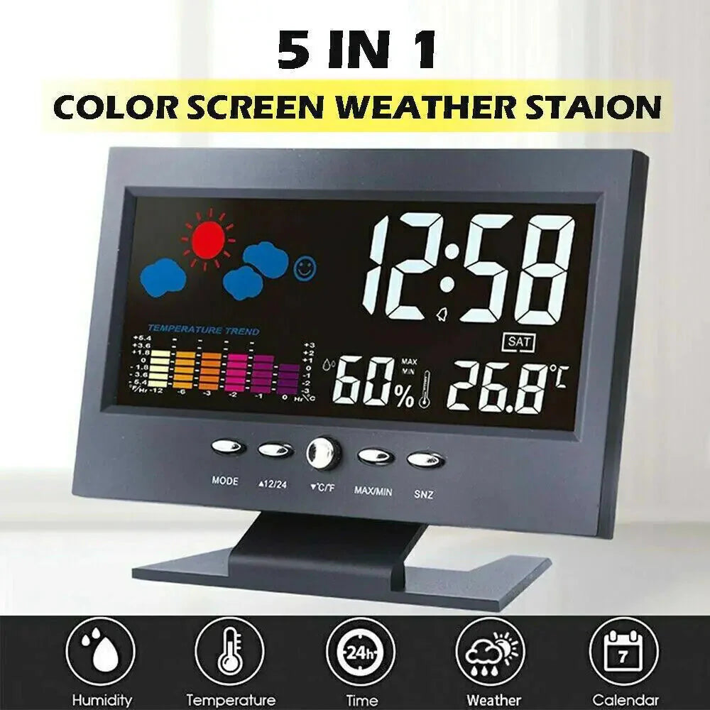 LED Digital Alarm Clock Snooze Calendar Thermometer Hygrometer Weather Display Anti Spier