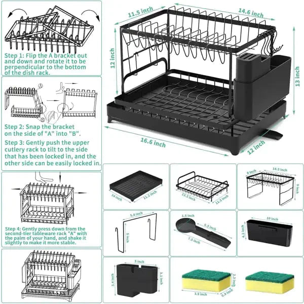 2-Tier Dish Rack with Drainboard & Utensil Holder Anti Spier