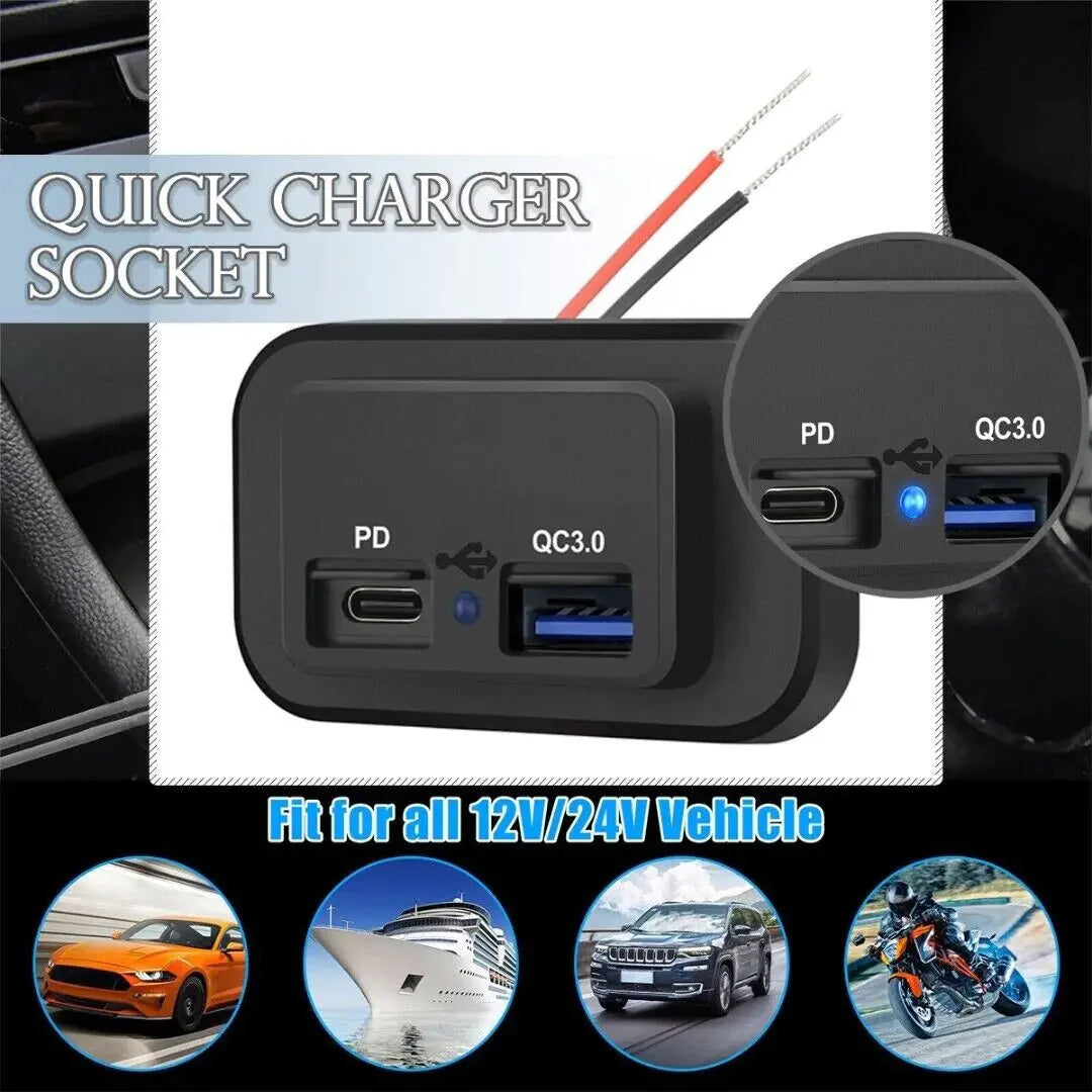 12-24V 4.8A Dual USB PD QC3.0 Car Boat RV Fast Charger Socket LED Power Outlet Anti Spier