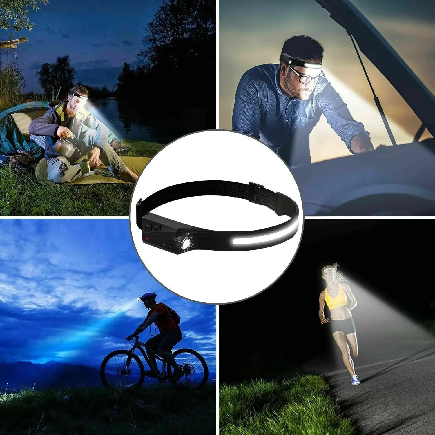 COB LED Headlamp USB Rechargeable Headlight Torch Work Light Bar Head Band Lamp Anti Spier