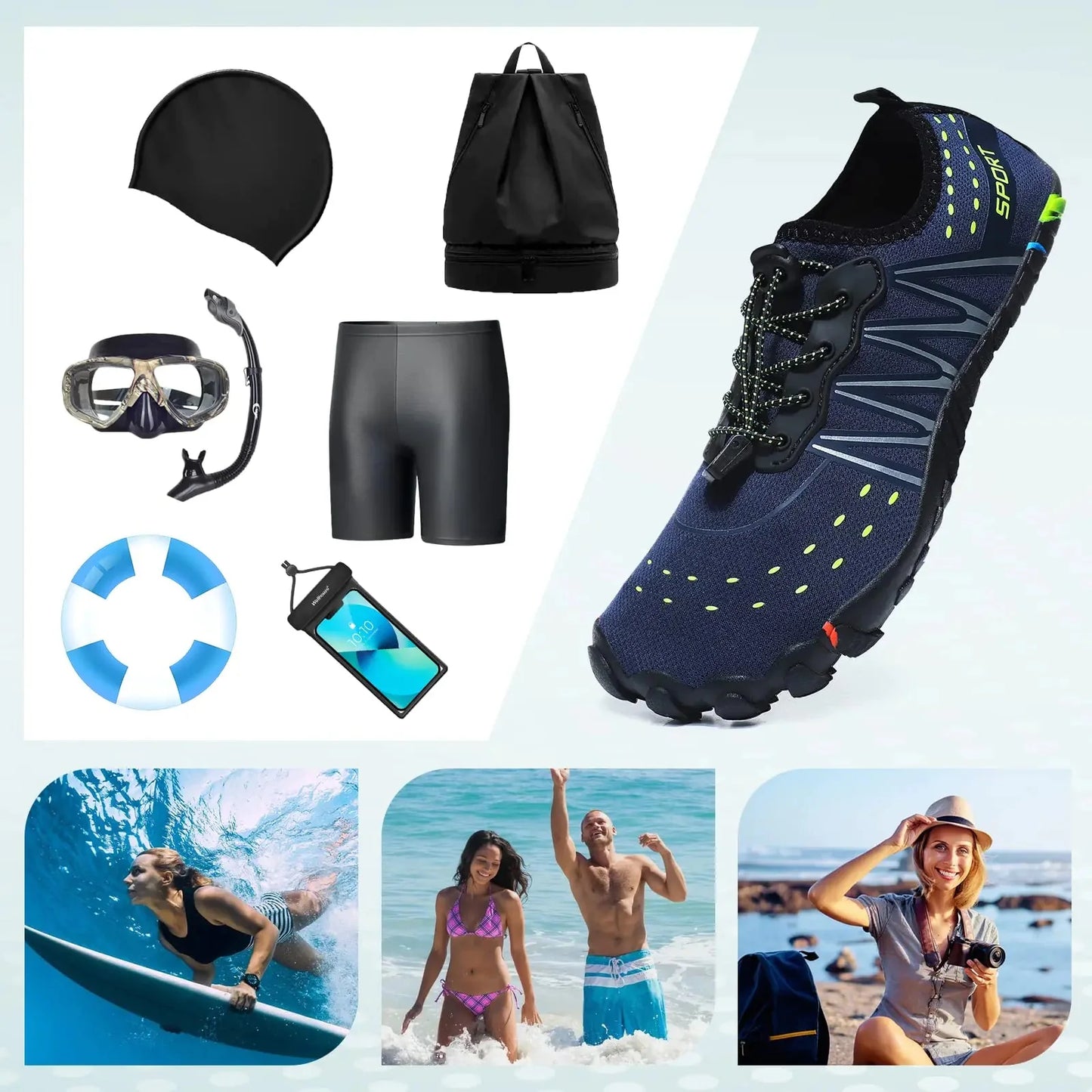 ziitop Water Shoes for Men Women Beach Barefoot Swim Rock Climbing Pool Shoes Socks, Anti-Slip Breathable Quick Dry Lightweight Slip-on, Outdoor Sport Hiking Walking Boating Fishing Diving Surfing 10.5 Women/9.5 Men Blue Anti Spier