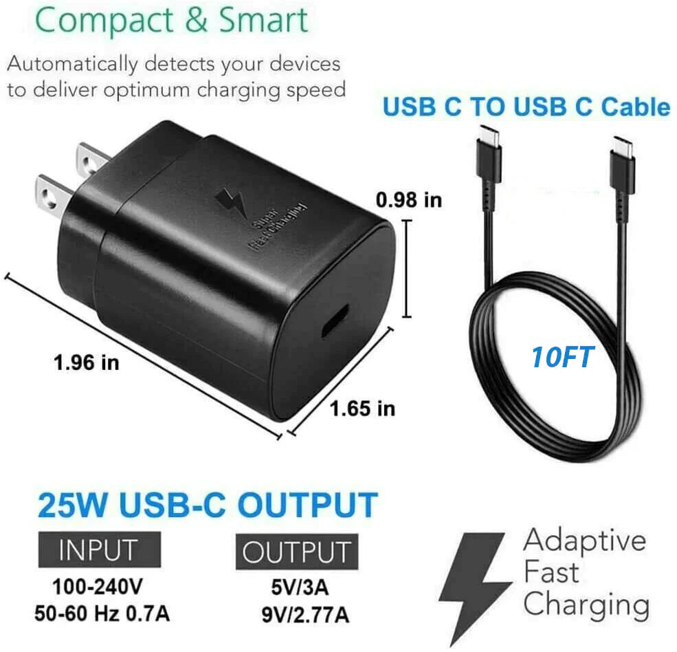 25w Super Fast Charger Type USB-C 10FT Cable For Samsung Galaxy S23 S22 S21 S20 Anti Spier