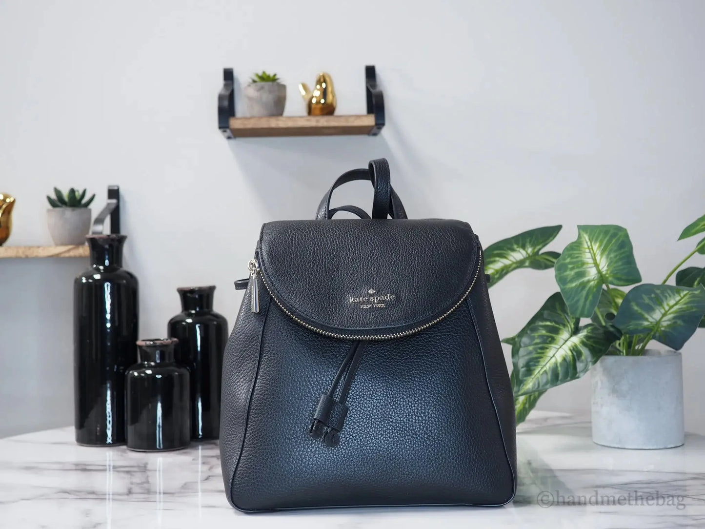 Kate Spade Leila Black Pebbled Leather Medium Flap Shoulder Backpack Book Bag Anti Spier