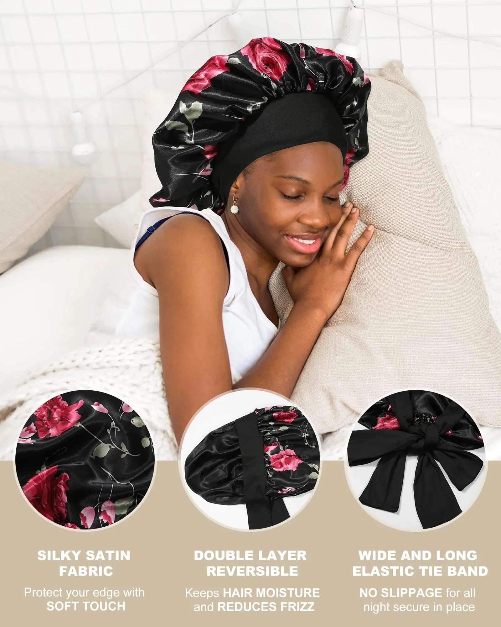 Satin Bonnet for Women Silk Bonnets for Sleeping Curly Hair Bonnet with Tie Band Double Layer Sleep Cap Hair Wrap 7-7 3/8 Black + Red Flower Anti Spier