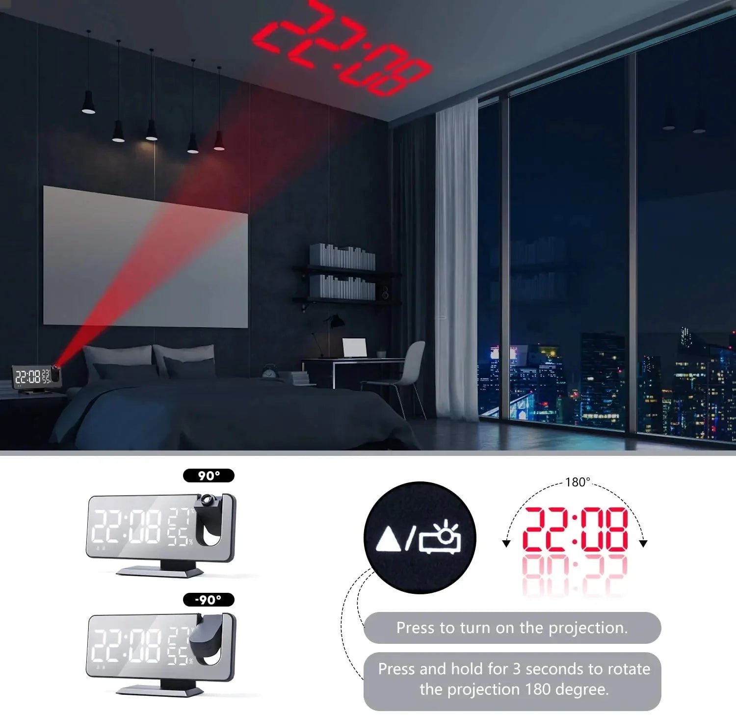 LED Projection Digital Alarm Clock Phone Charger Anti Spier