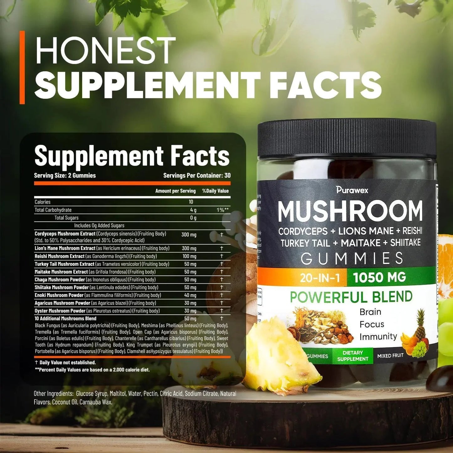 Purawex Mushroom Gummies, 20 in 1 Mushroom Complex 1050 MG, Cordyceps, Reishi, Anti Spier