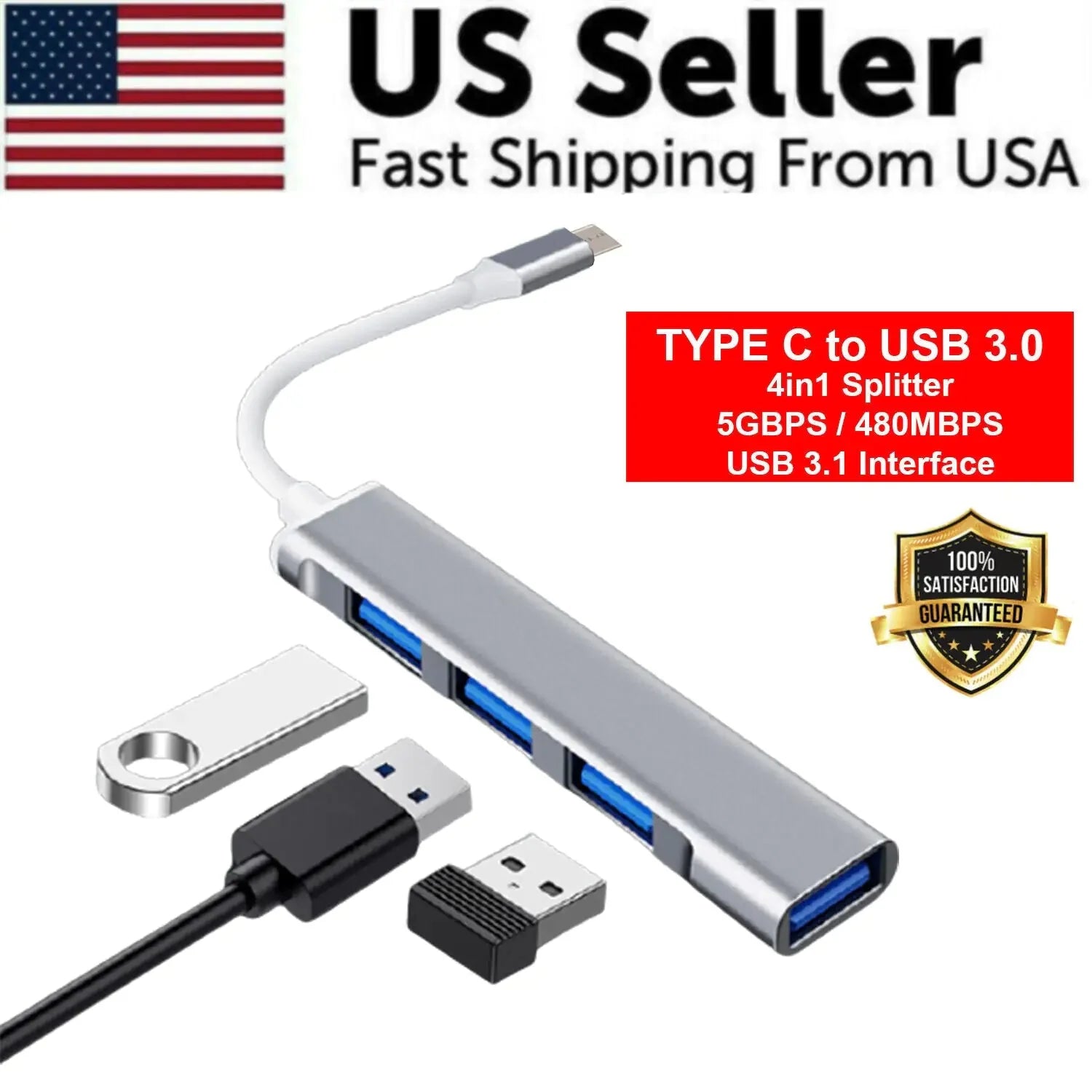 USB-C Type C to USB 3.0 4 Port Hub Splitter For PC Mac Phone MacBook Pro iPad Anti Spier