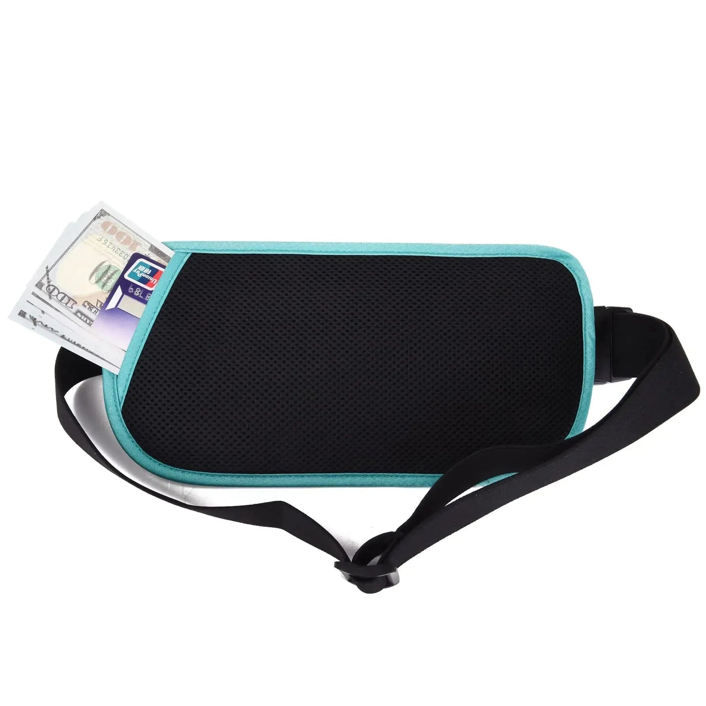 RFID Blocking Money Belt for Men Women, Slim Fanny Pack for Travel，Running,Conceal Waist Wallet for Passport Holder,Phone,Cash(Black Mint Green) Black Mint Green Rfid Blocking & Belt Wide:1.45Inch Anti Spier