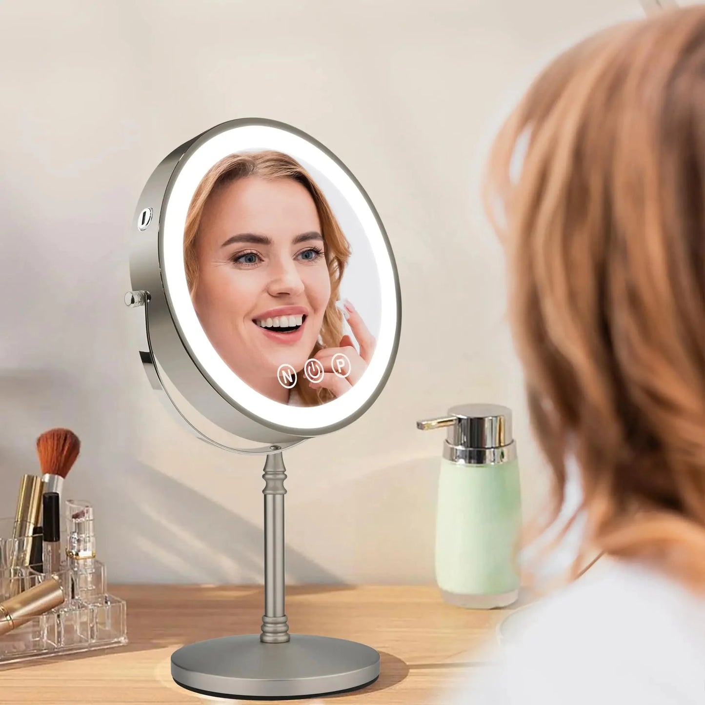 9" Large Makeup Mirror with Lights, 1X/10X Magnifying Vanity Mirror with 3 Colors Dimmable Lightning, 80 LED Lights, 360°Rotation Double Sided Standing Lighted Makeup Mirror Nickel Matte Nickel Anti Spier
