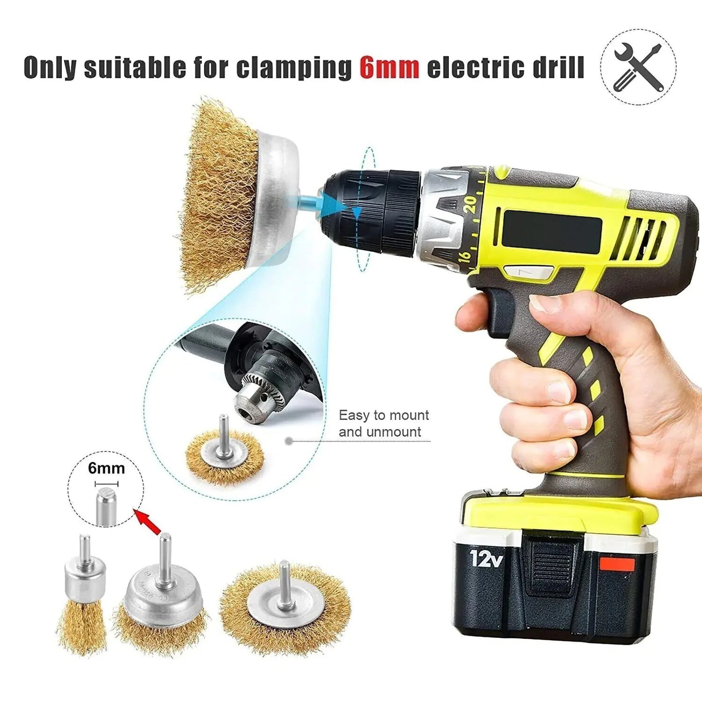 2-Pack 3 Pcs Wire Brush Wheel Set Cup Drill Bit Rust Paint Attachment 1/4" USA Anti Spier