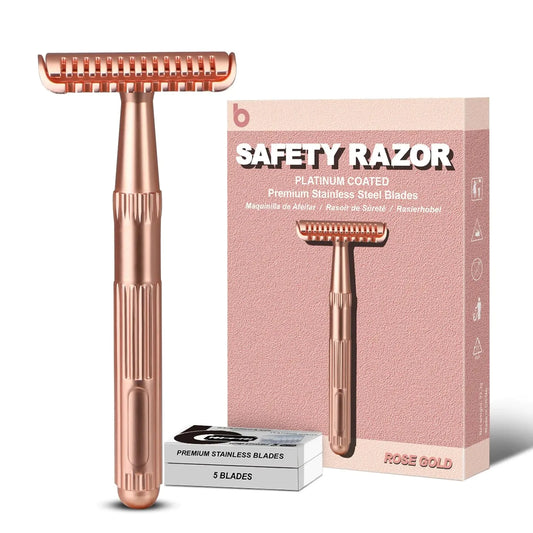 Rose Gold Safety Razor for Women and Men, Single Blade Razors for Men, Metal Razors for Women, with 10 Double Edge Safety Razor Blades, Open Comb Razor Head for Long Thick Body Hair, Zero Waste Open Comb Rose Gold Razor Anti Spier