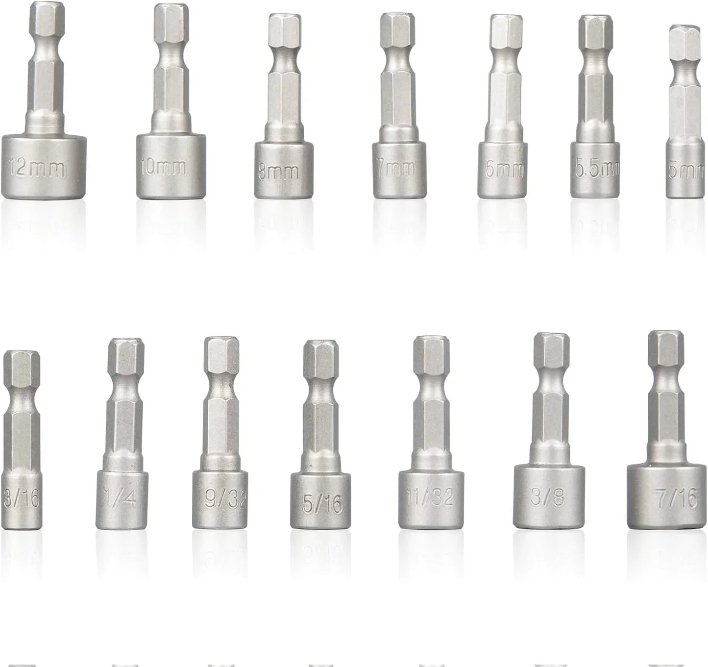 14 PCS Power Nut Driver Bit Set Quick Change MM & SAE Impact 1/4" Hex Shank USA Anti Spier