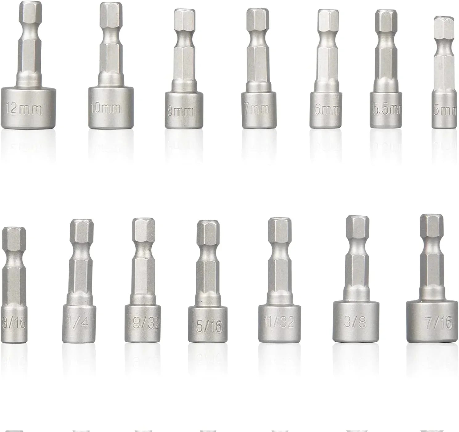 14 PCS Power Nut Driver Bit Set Quick Change MM & SAE Impact 1/4" Hex Shank USA Anti Spier