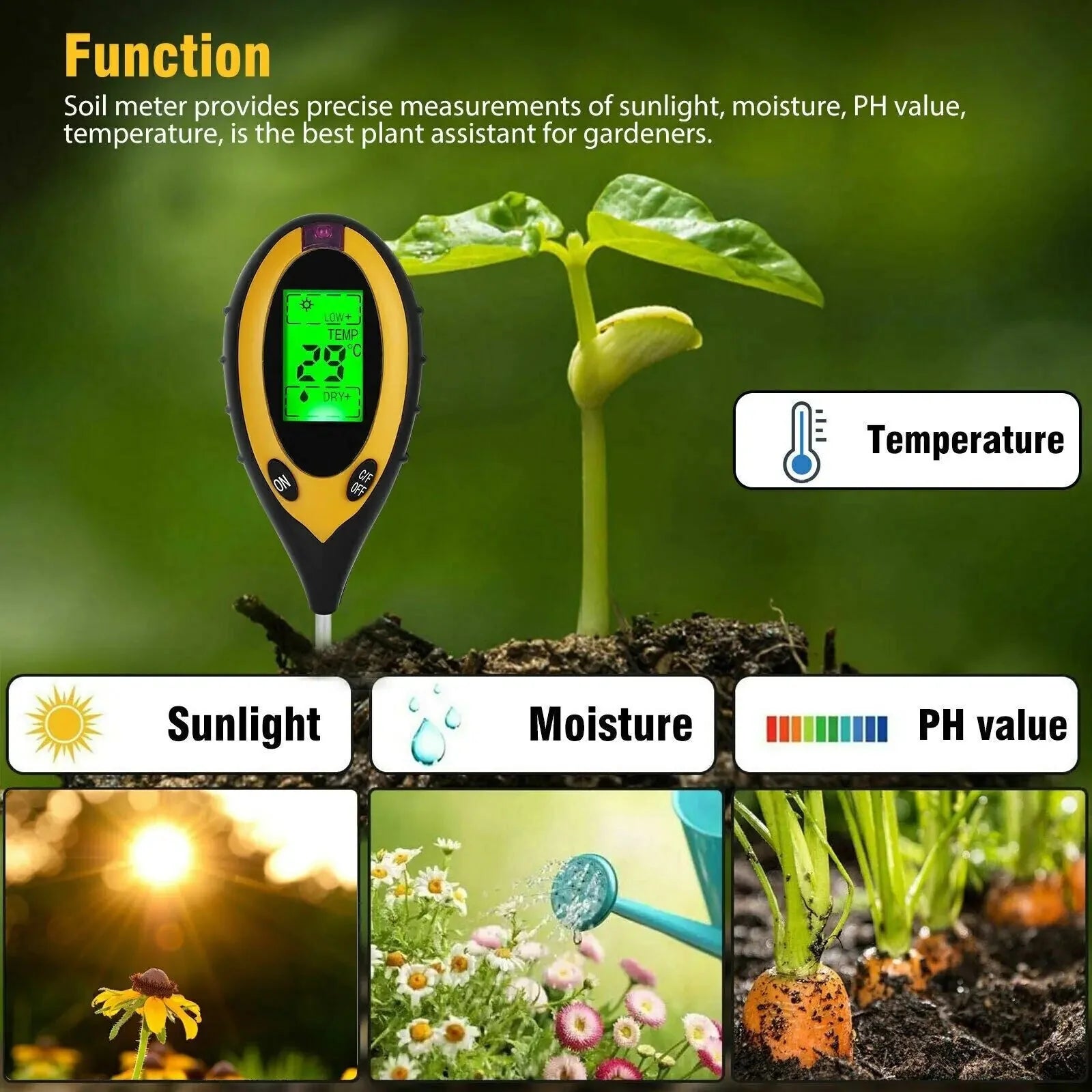 4 In 1 LCD Digital Soil Tester PH Water Moisture Temperature Sunlight Plant Test Anti Spier
