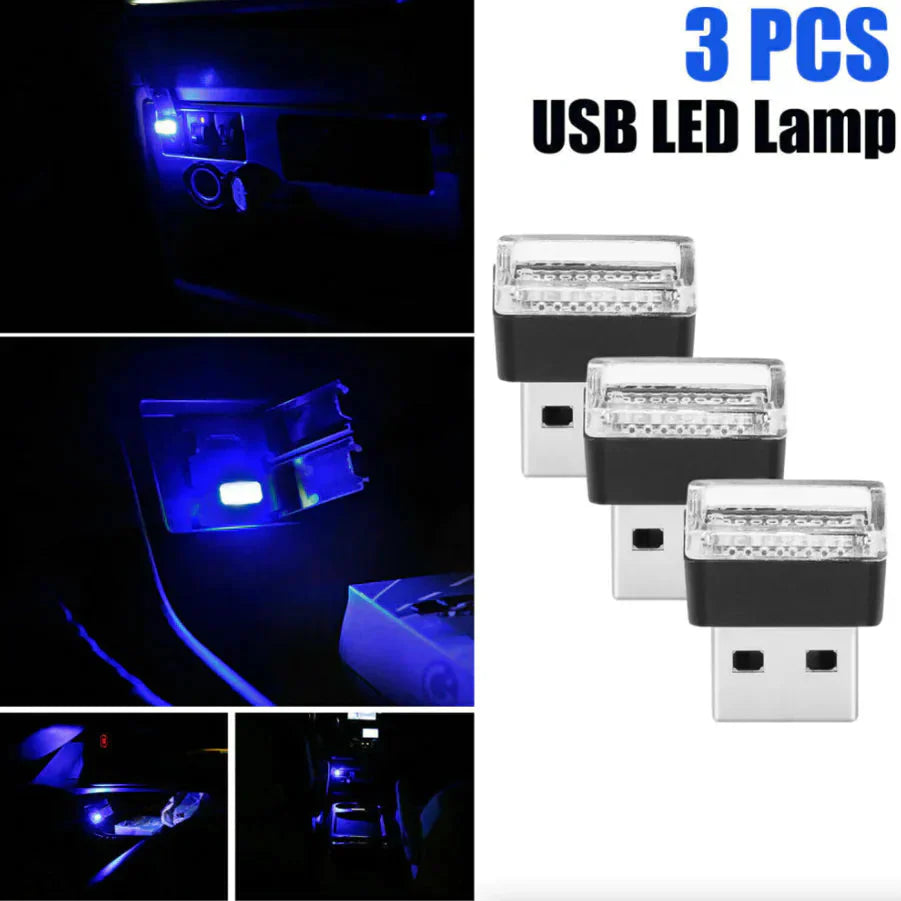 3x Mini Blue LED USB Car Interior Light Neon Atmosphere Ambient Lamp Accessories Anti Spier