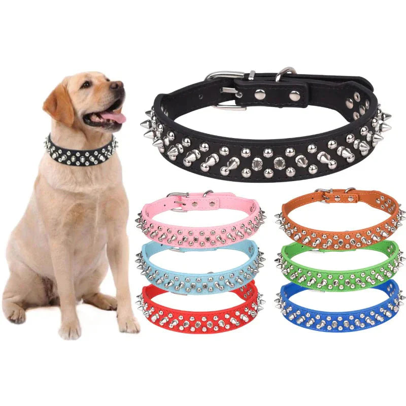 Spiked Studded Leather Dog Collar Rivets Pet Small Large Cat Pit Bull Adjustable Anti Spier