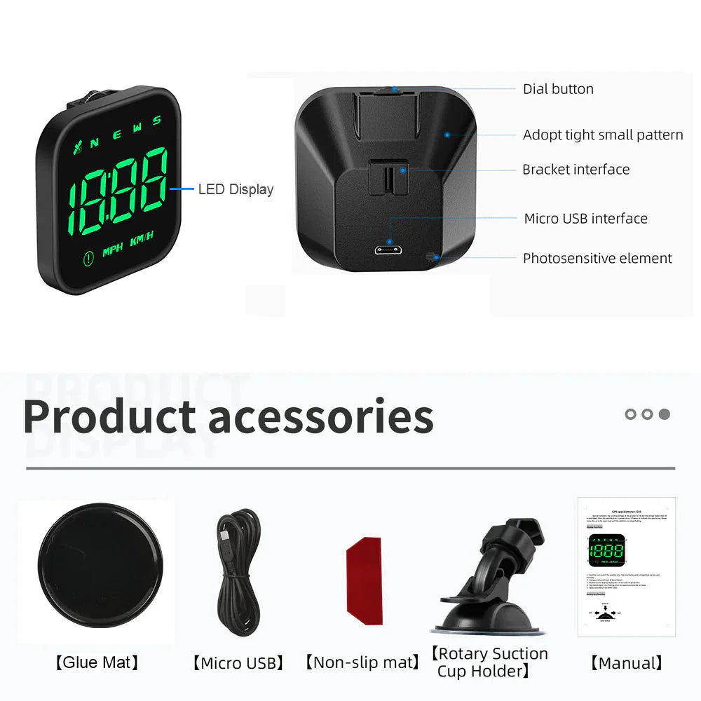 Digital Car HUD GPS Speedometer Head Up Display MPH KMH Compass Overspeed Alarm Anti Spier