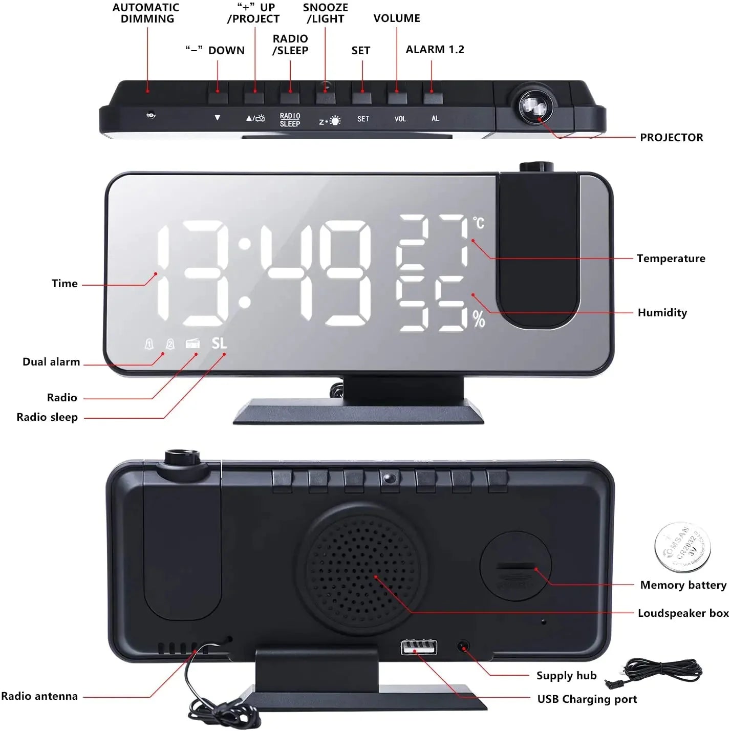 LED Projection Digital Alarm Clock Phone Charger Anti Spier
