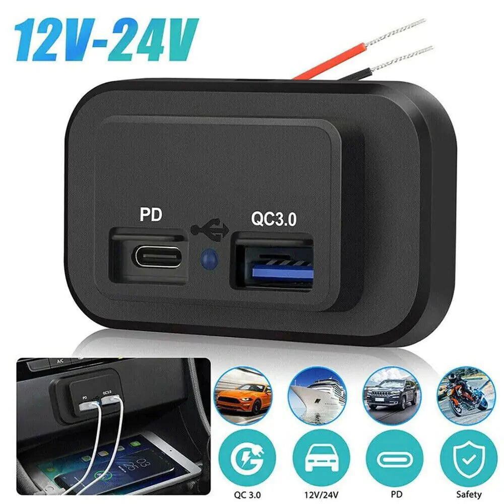 12-24V 4.8A Dual USB PD QC3.0 Car Boat RV Fast Charger Socket LED Power Outlet Anti Spier