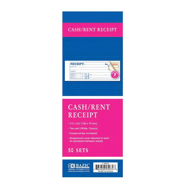 50 Sets 7 1/2" x 2 3/4" 2-Part Carbonless Cash or Rent Receipt Book Anti Spier