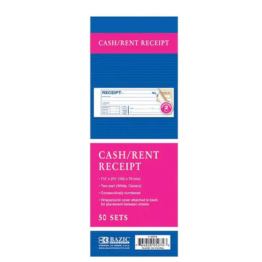 50 Sets 7 1/2" x 2 3/4" 2-Part Carbonless Cash or Rent Receipt Book Anti Spier