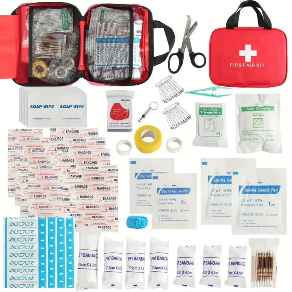 173pcs Large First Aid Kit: Portable Bag For Outdoor Hunting, Hiking, Camping And More - Including Emergency Supplies! Anti Spier